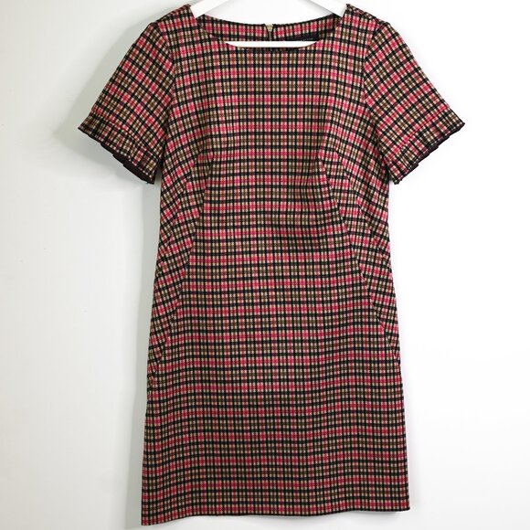 TOMMY HILFIGER Red Tan Olive Green Black Plaid Houndstooth Shift Dress - Size 4 - Picture 2 of 14